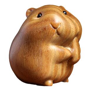 天然绿檀紫檀木生肖鼠手办萌可爱仓鼠手把件书桌摆件不生气摆件