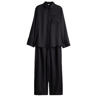 HM女士睡衣套装春季衬衫式撞色滚边缎质睡衣套装1260335