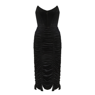 le palais vintage重工黑色天鹅绒 鱼骨胸衣褶皱流苏连衣裙