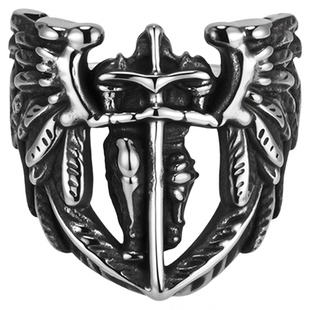 大天使长圣米迦勒戒指男女欧美风钛钢复古十字架长剑天使翅膀指环