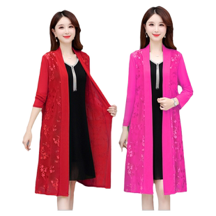 网红款开衫女夏季中长款长袖外搭轻薄大码外搭蕾丝拼接中年上衣