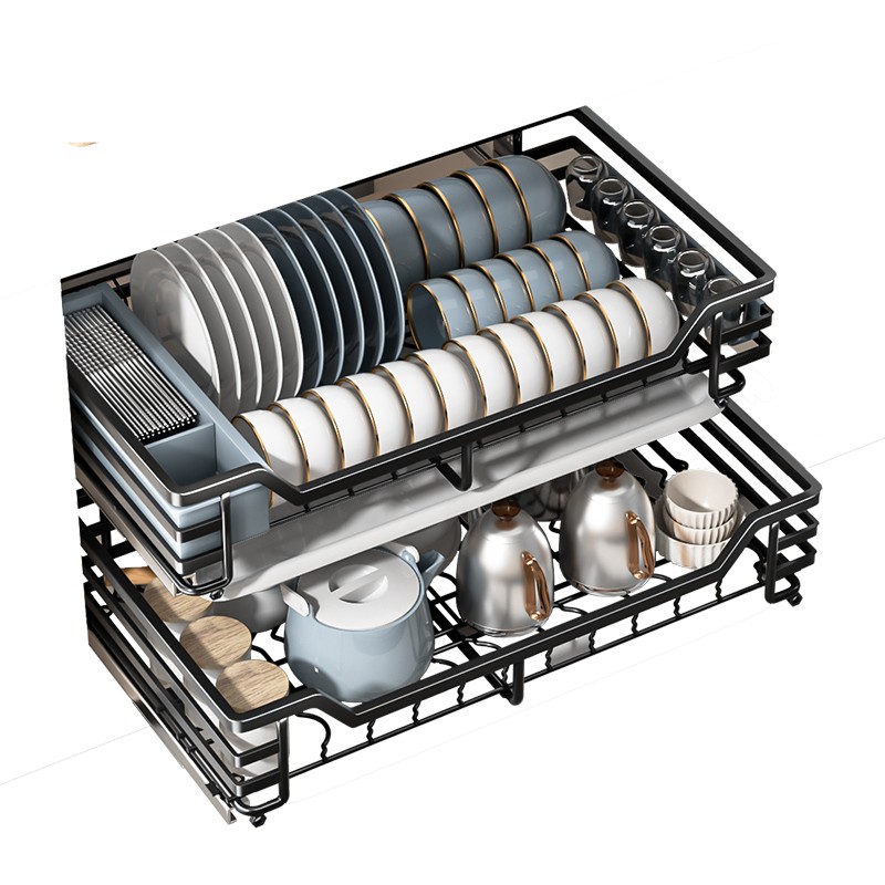 四季沐歌厨房橱柜拉篮304不锈钢可定制双层抽屉式碗碟架厨柜碗篮