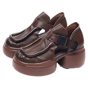 夏新凉鞋包头妈妈鞋镂空民族风真皮女鞋包根高粗跟厚底一字式扣34