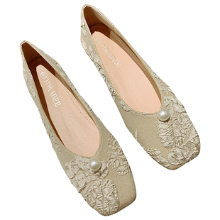 复古方头低跟工作单鞋女2026年新款布面浅口舒适软底一脚套瓢鞋