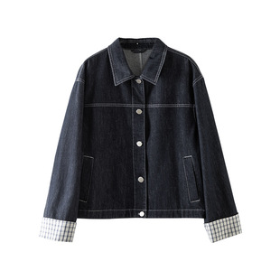 【格子撞色牛仔服】忆霏丹宁蓝短款牛仔上衣女春秋季新款宽松外套
