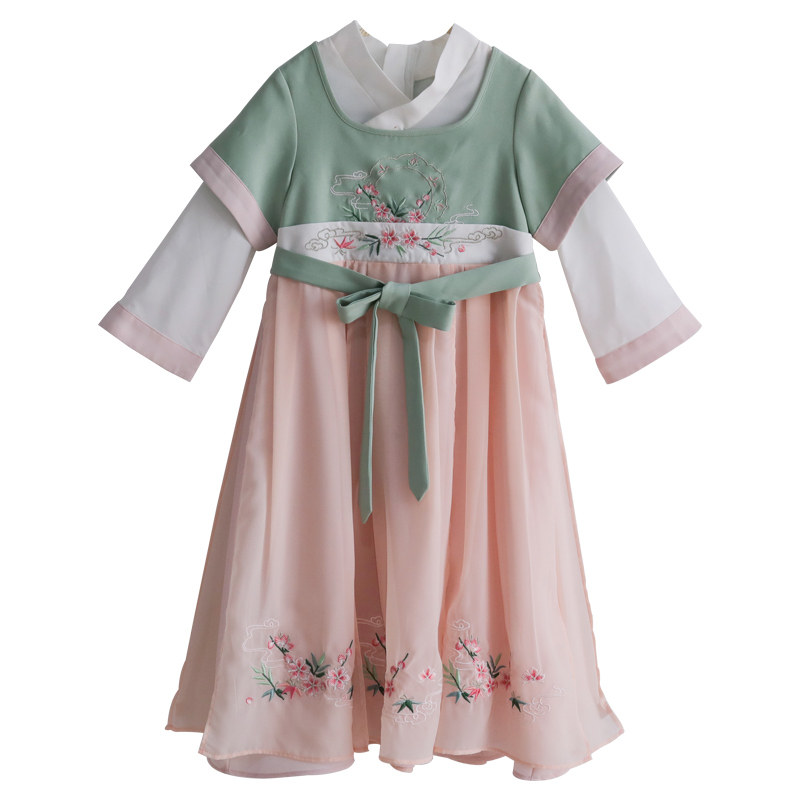 铜镜桃花刺绣汉服假两件连衣裙
