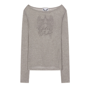 eihey诶嘿微透显瘦上衣长袖T恤韩系防晒打底印花露肩罩衫女美式风