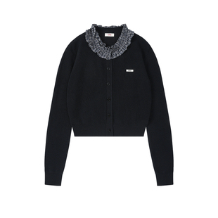 樱桃KIRSH 韩系荷叶边针织开衫女秋冬圆领修身显瘦百搭毛衣开衫