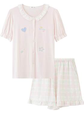 三福女夏季定位刺绣睡衣套装 甜美花边格纹短袖家居服517840