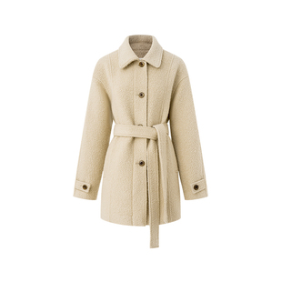 NON RESTRAIN中长款圈圈羊毛混纺呢大衣女绑带翻领落肩袖毛呢外套