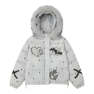 【蚀月镜】y2k轻亚比爱心蛛网刺绣毛领面包服外套女冬加厚棉衣ins