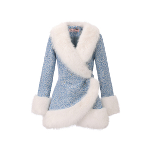 le palais vintage原创 复古芭比蓝色花尼收腰裙摆式毛领外套