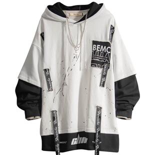 SOINKU潮牌街头拼接假两件初冬巨好看的连帽卫衣中性风男生COS潮