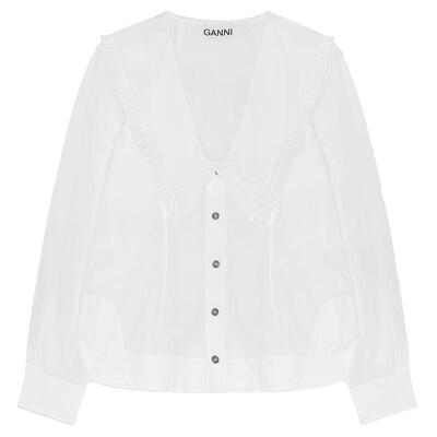 白色荷叶边翻领长袖衬衫