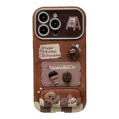 棕色立体咖啡折叠支架适用苹果16promax手机壳带挂绳iphone15promax新款原创17promax防摔女14pro皮质软壳13