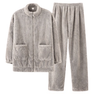 秋冬款加绒加厚法兰绒睡衣大码冬季保暖中老年爸爸男士珊瑚绒套装