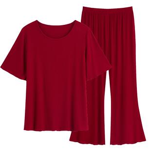 莫代尔螺纹睡衣套装女春秋木耳边大码外穿家居服夏短袖长裤两件套