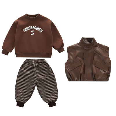 男童加绒卫衣套装时髦皮衣马甲潮