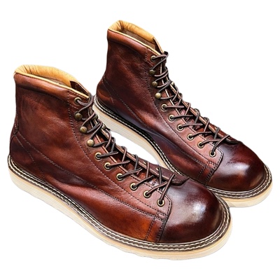 高帮厚底工装鞋真皮复古伞兵靴潮