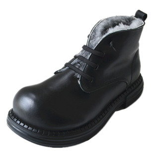 外贸脚肥脚宽真羊毛短靴女靴子简约真皮保暖棉靴雪地靴松糕厚底鞋