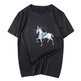 潮牌冰丝滑料双丝光棉短袖T恤男马图案刺绣烫钻玉蚕丝半袖潮流夏