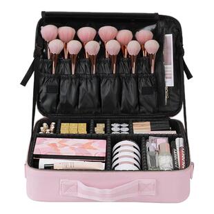 鸿贝 粉色化妆包可爱少女心女便携大容量多功能简约化妆师包