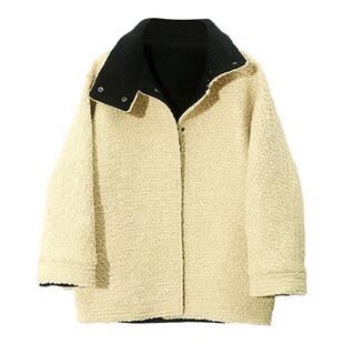 刘雯明星同款黄色颗粒绒羊羔毛外套女中长款宽松立领毛呢羊毛大衣