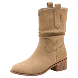 星期六2025秋季新款西部牛仔靴复古真皮女靴中筒短靴美拉德堆堆靴