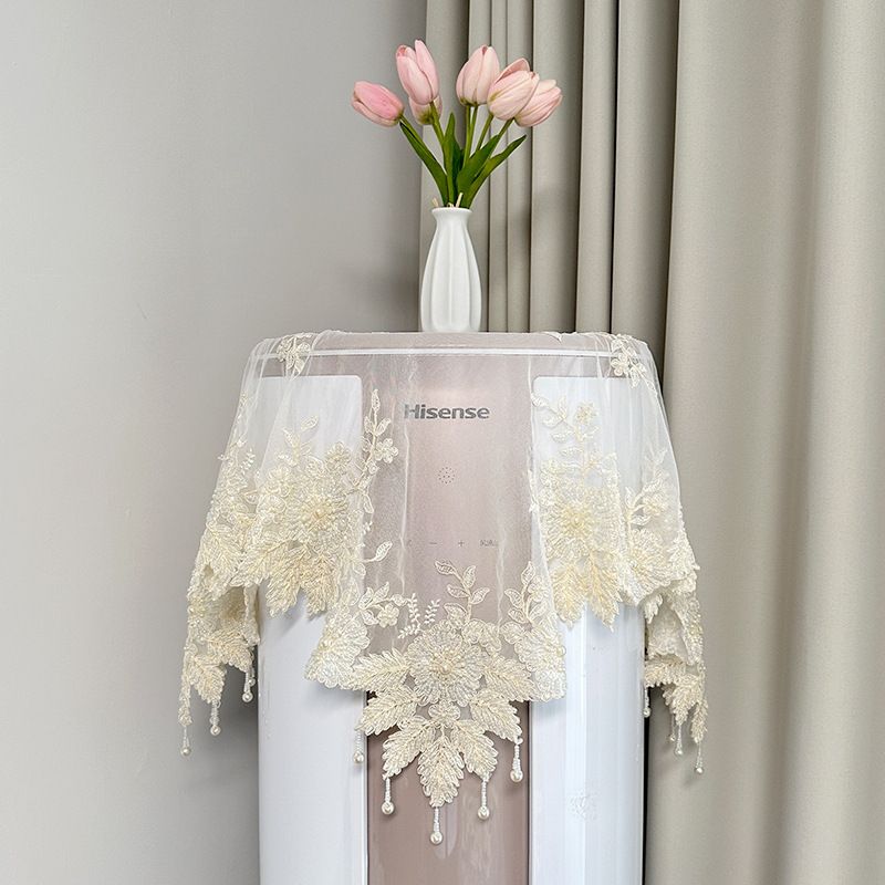 蕾丝空调防尘罩立式圆形开机电视布巾防尘盖手工布串珠取床头柜不
