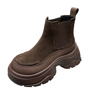 山山女鞋真皮牛反绒皮短靴女2025新款复古英伦风松糕厚底马丁靴子