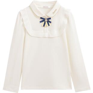 英氏女童POLO衫2026春装新款儿童学院风长袖T恤翻领花边白色上衣