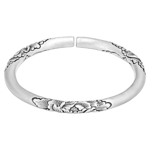 纯银999牡丹花复古足银手镯雪花银手工简约镯子送妈妈款母亲礼物