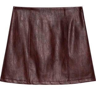 肌理感PU皮短裙女复古拼接防走光内衬显瘦A字裙高腰半身小皮裙春