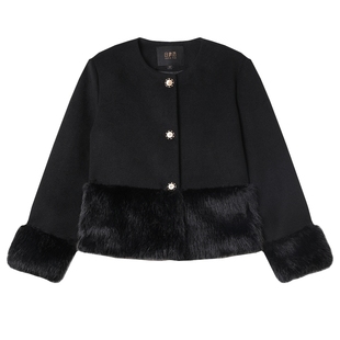 白鹿语名媛风拼接毛感女式外套冬款优雅通勤复古气质圆领厚上衣