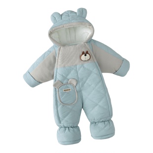 新生儿加绒加厚夹棉连体衣外出保暖哈衣秋冬季满月宝宝外出防风服