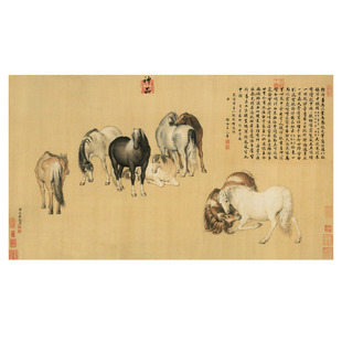 清 郎世宁 八骏图 真迹原版高清微喷复制国画临摹收藏复古挂画