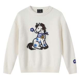 MEDM 嵌花小马图案休闲圆领毛衣秋冬潮流百搭男女宽松保暖针织衫