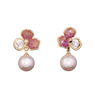 巴黎Pink Memory设计师满钻三色花珍珠耳钉轻奢女款古风配饰耳环