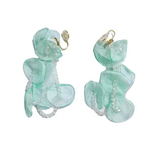 度假风薄荷曼波绿色雪纺串珠花朵流苏耳钉小众设计欧根纱夸张耳环