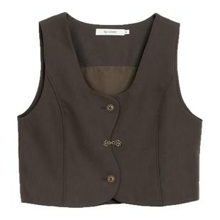 DTLANDO女装秋季棕绿色V领无袖马甲外套上衣设计师品牌