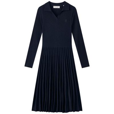 MOP长袖POLO羊毛毛织百褶连衣裙
