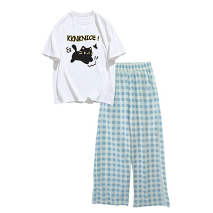 蓝色格纹裤夏天裤子薄款女小个子短袖t恤女款2026新款运动服套装