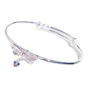 S999足银在逃公主蝴蝶结手镯小众设计素圈银推拉口简约女生礼物潮