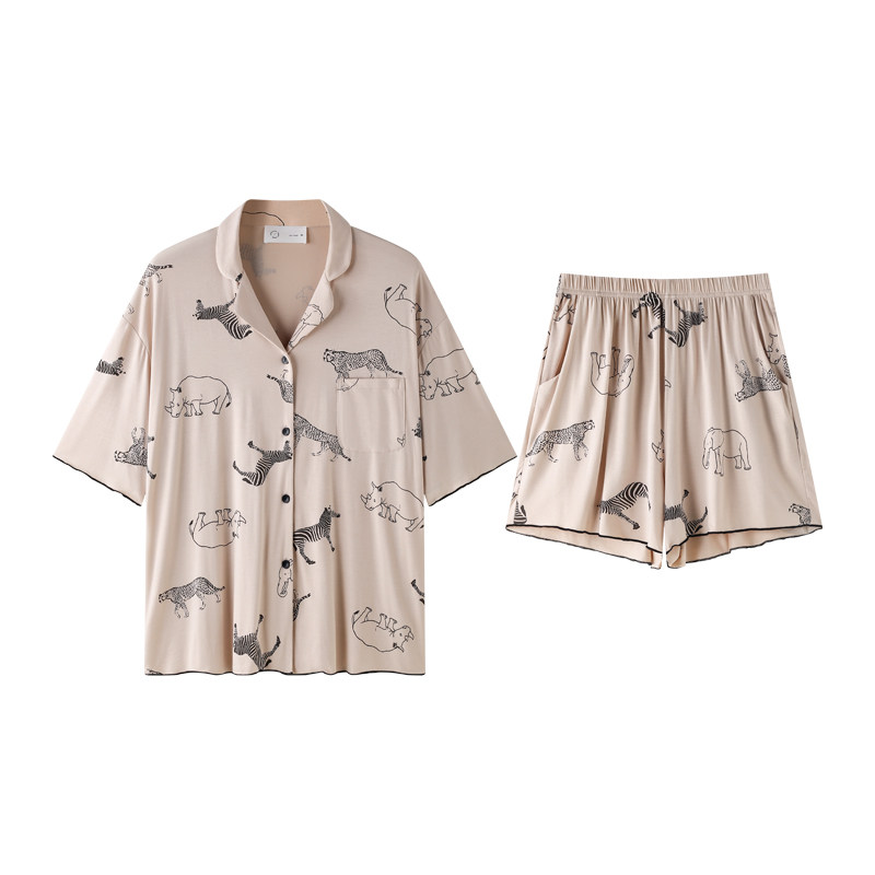 曼系“动物派对”莫代尔睡衣女夏季薄款休闲宽松柔软开衫短袖套装