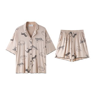 曼系“动物派对”莫代尔睡衣女夏季薄款休闲宽松柔软开衫短袖套装