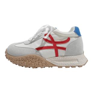 真皮~骄屿7cm内增高德训鞋女2025新款秋冬红色休闲厚底阿甘运动鞋