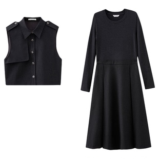 水云间深灰色静奢风长袖连衣裙女压褶伞裙子马甲外套两件套2026春