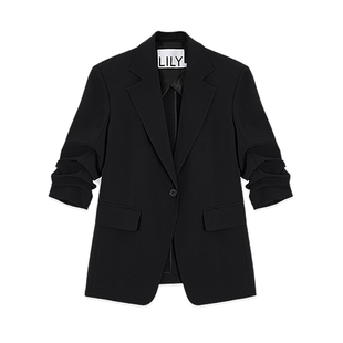 LILY2025新款女装简约气质通勤高级感都市修身休闲黑色西装外套
