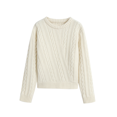 MELLOW SENSE经典老钱风软糯100%绵羊毛纯色慵懒绞花圆领毛衣