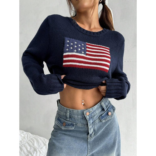 L 65225 Flag print vintage crew neck knit sweater 国旗图案复
